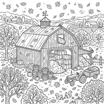 Step into a rustic autumn farm with this engaging hay barn coloring page, perfect for teens. Explore a detailed scene featuring bales of hay, falling leaves, and classic harvest elements.