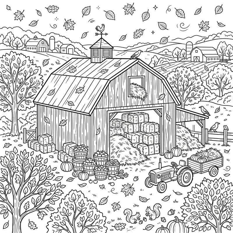 Step into a rustic autumn farm with this engaging hay barn coloring page, perfect for teens. Explore a detailed scene featuring bales of hay, falling leaves, and classic harvest elements.