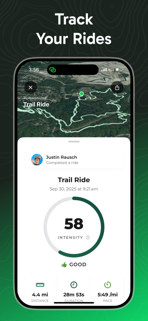 RidePal - Find Trails, Compete - RidePal app interface showing a completed mountain bike trail ride summary with a 3D map view and performance metrics including distance and intensity