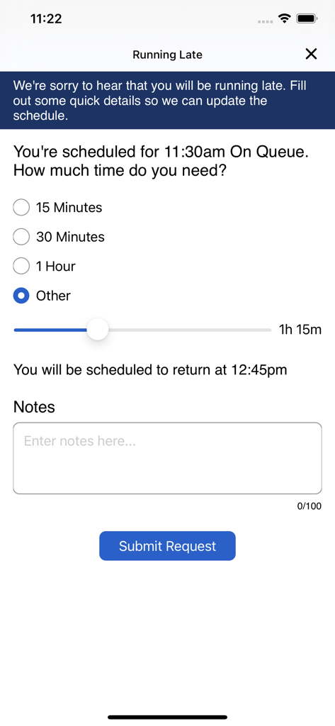 Tela do aplicativo móvel para notificar um supervisor sobre um atraso em um turno no Genesys Tempo.
