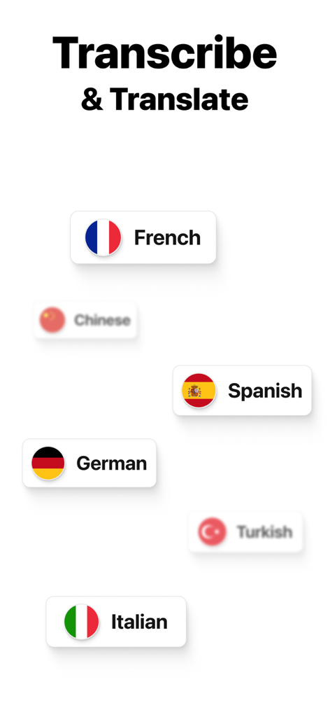 Note AI: Smart Note Taker - A screen from the Note AI app showcasing transcription and translation features with support for multiple languages like French, Spanish, German, and Italian.