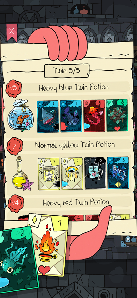 A scroll displaying various potion recipes and card combinations in the game Miracle Merchant