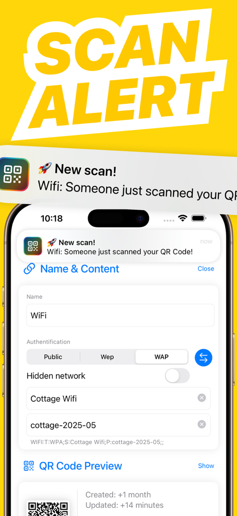 Pantalla del iPhone que muestra una notificación push en tiempo real para un código QR WiFi escaneado