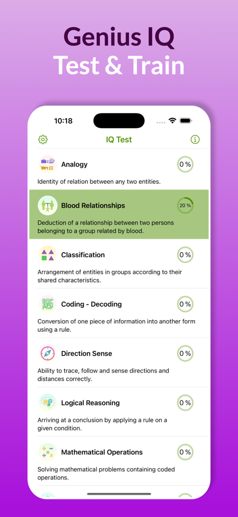 The IQ Test : Lite Edition - Menu of IQ test categories including analogy and logical reasoning