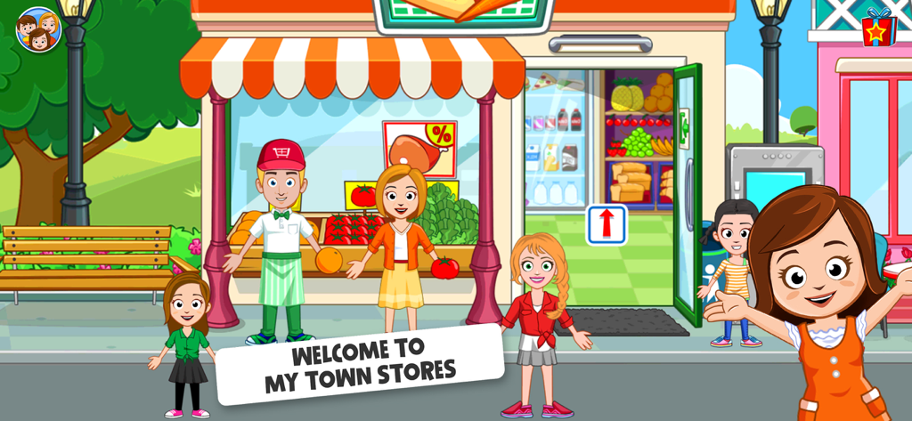 My Town Stores 게임의 슈퍼마켓 앞에서 만화 캐릭터들이 서 있는 모습