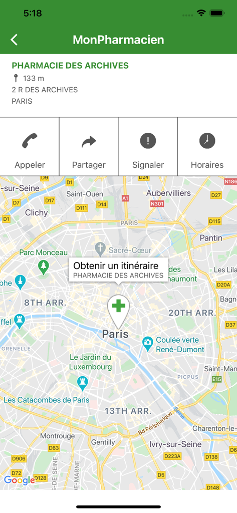 L'application Mon Pharmacien affichant l'emplacement d'une pharmacie sur une carte de Paris avec des boutons de navigation et de contact
