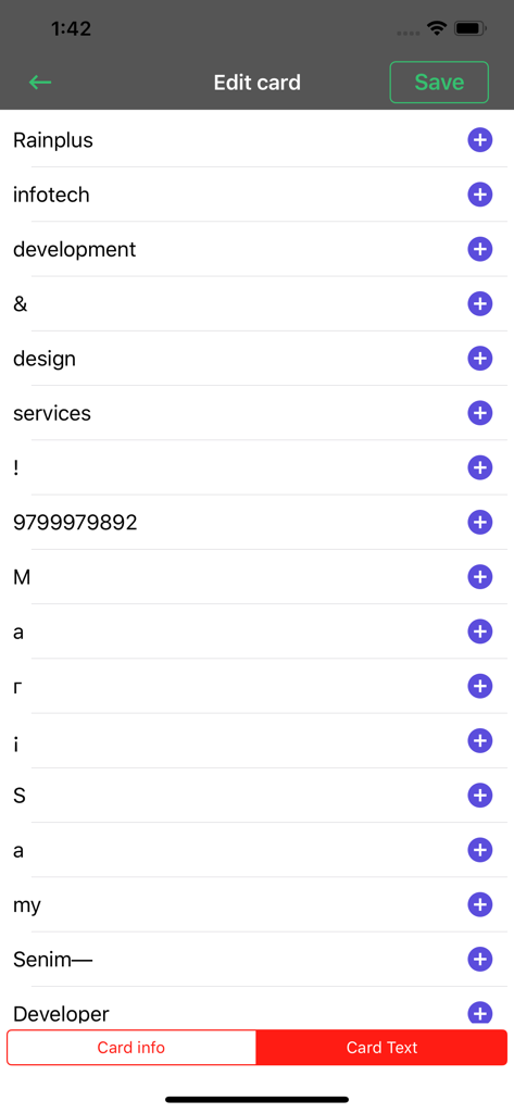 Business Card Reader, Scanner - A mobile app screen for editing extracted text from a scanned business card with options to save and modify contact fields.