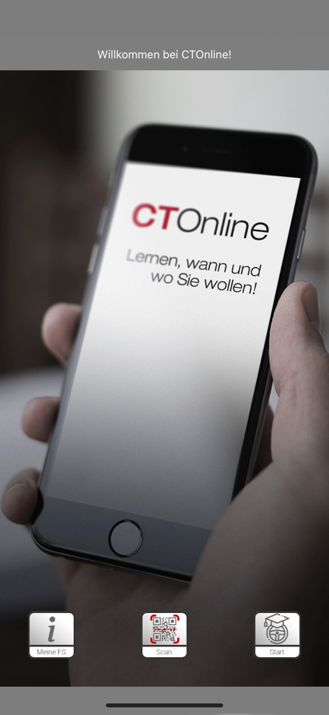 The welcome screen of the CTOnline driving theory exam app displayed on a smartphone with options for school info, QR scanning, and starting the test.