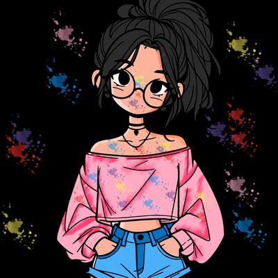 girl with a messy ponytail glasses a baggy crop top and jean shorts