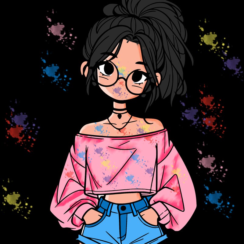 girl with a messy ponytail glasses a baggy crop top and jean shorts