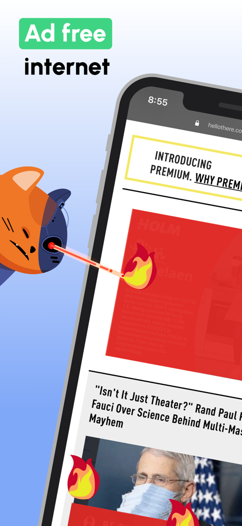 CyberCat VPN: Secure & Private - A cybernetic cat character shooting a laser beam to remove ads from a smartphone screen