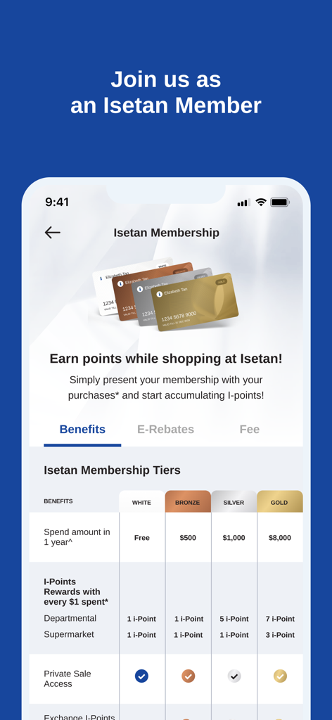 Isetan Privilege - Isetan Privilege app screen displaying membership tiers from White to Gold with associated shopping benefits and point rewards