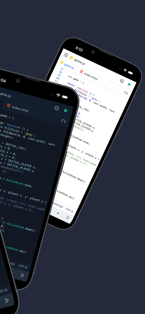 Spck Editor Lite - Spck Editor Lite mobile application interface showing light and dark code editor themes