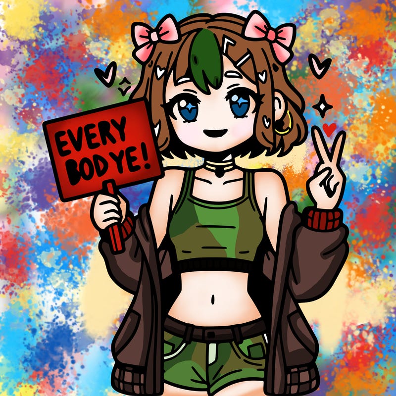 anime girl with crop top holding sign that says: every body is unique!