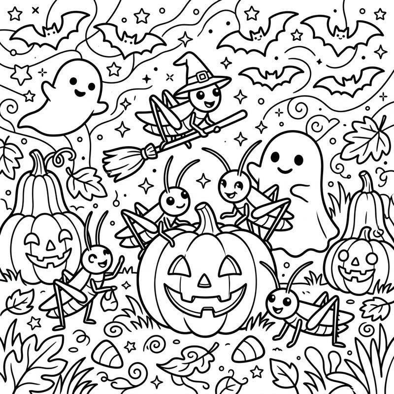 Get ready for a unique Halloween celebration with our adorable cricket coloring page! Kids will love bringing these festive insect friends, spooky ghosts, and grinning pumpkins to life with their favorite colors.
