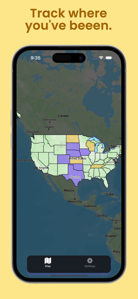 USA States - Map Tracker - A color-coded map of the United States on a mobile app interface tracking travel progress