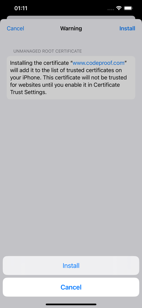 Cyber Device Manager® - iOS system warning screen for installing a Codeproof unmanaged root certificate.