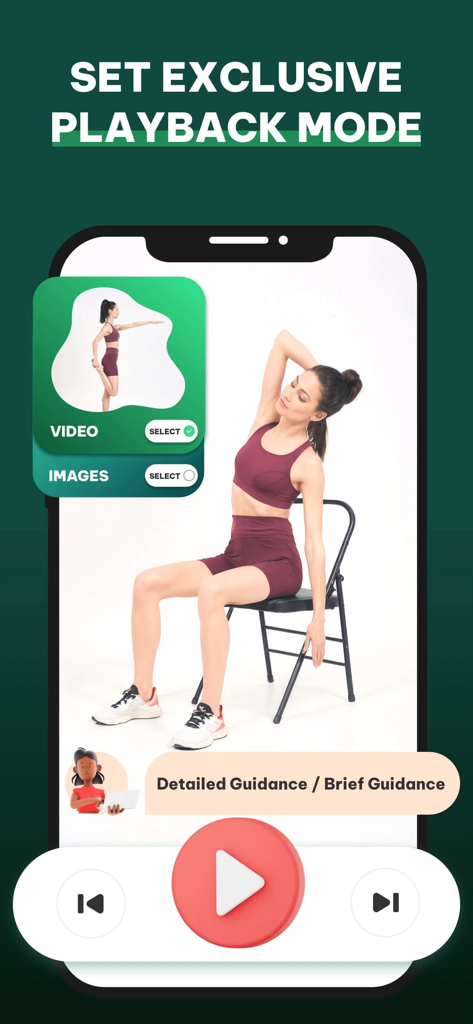 JustStretch | Flex & Mobility - Interfaz de la aplicación JustStretch que muestra opciones de reproducción para guía de video e imágenes durante una rutina de estiramiento sentada.