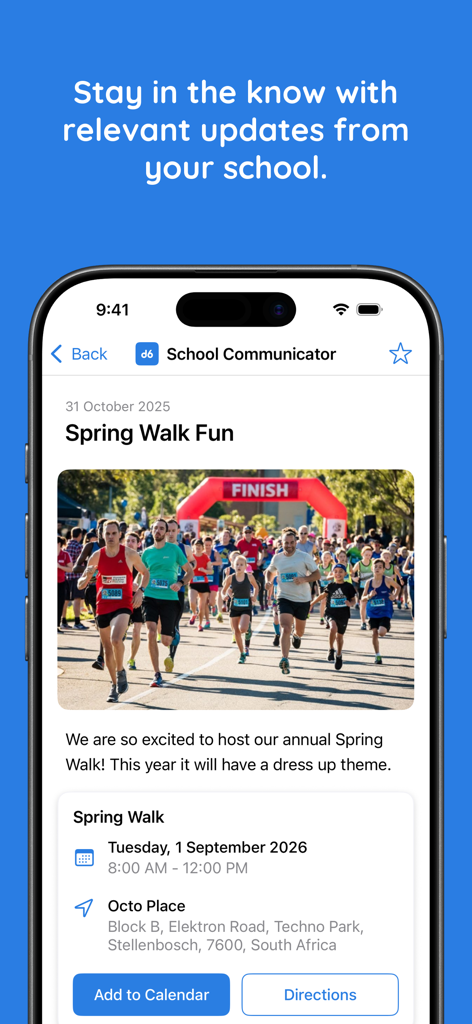 d6 School Communicator - Interface of d6 School Communicator app showing a school event update for Spring Walk Fun with event details and calendar options
