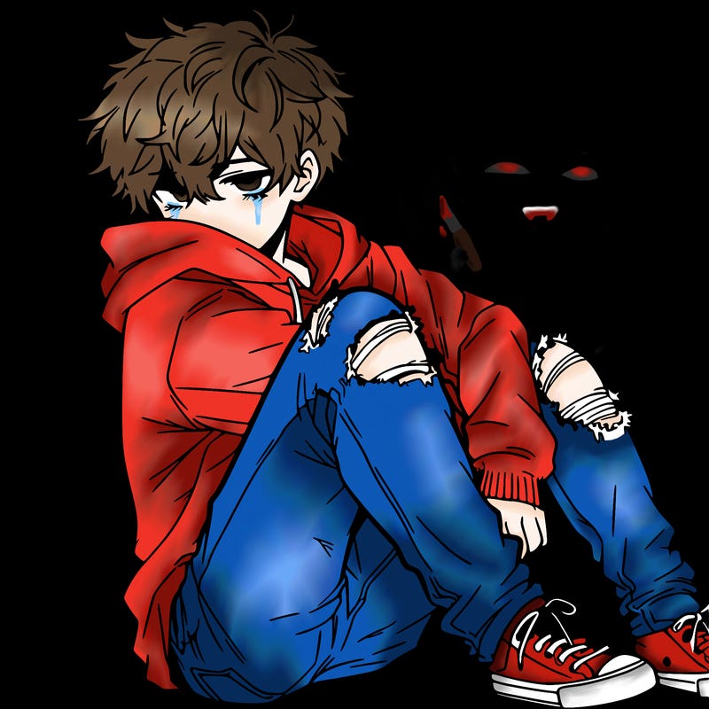 a male hoddie ripped jeans messy hair anime