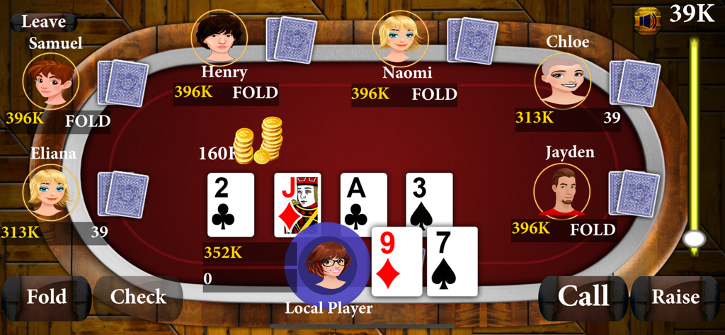 Golden Texas Holdem Poker - Jeu de Golden Texas Holdem Poker montrant une table de cartes classique avec des avatars de joueurs et des options de mise