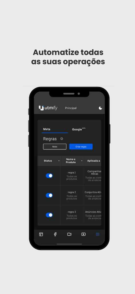 Utmify - Interfaz de la aplicación Utmify que muestra un panel para gestionar y automatizar reglas de marketing para Meta y Google Ads.