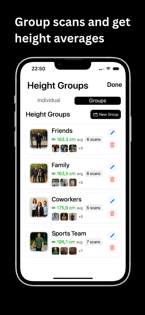 Height Measure - HeightSnap - Smartphone interface displaying HeightSnap app with height group averages for friends family and coworkers
