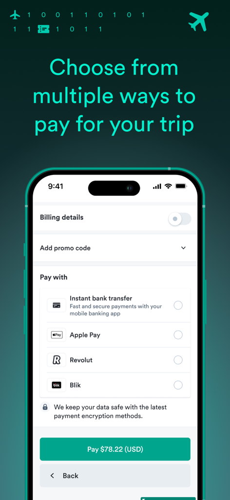 Interfaz de la aplicación Kiwi.com que muestra varios métodos de pago seguros, incluidos Apple Pay y Revolut