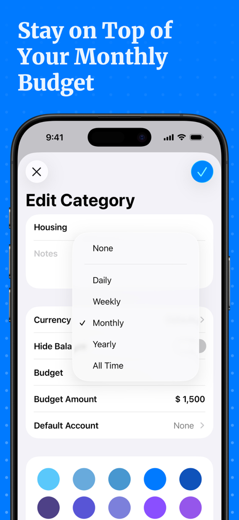 Expenses Tracker - Accountit - Accountit app interface for editing a category and setting a monthly budget amount