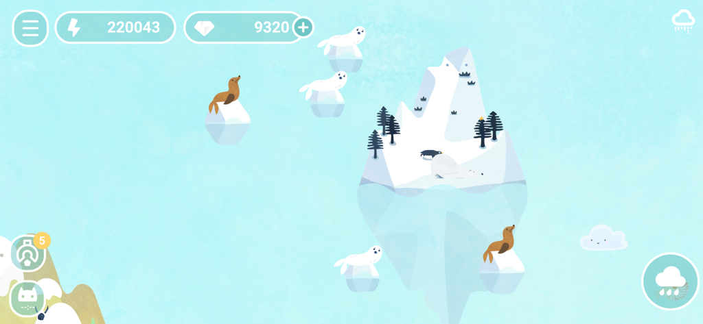 DESERTOPIA - Minimalist storybook illustration of a polar bear and seals on icebergs in the game Desertopia.