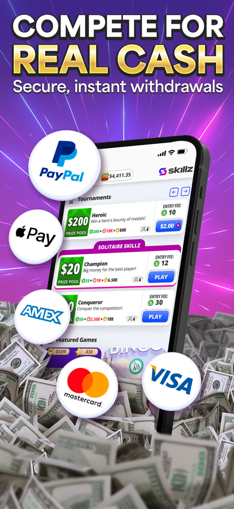 Skillz: Compete & Win Cash - Skillz mobile app interface showing real cash tournaments and secure payment methods like PayPal and Apple Pay over a background of money.