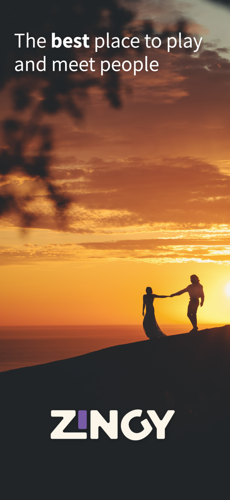 Silhouette of a couple holding hands at sunset with text saying the best place to play and meet people for Zingy app