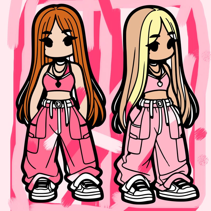 girl in baggy pants crop top and long hair