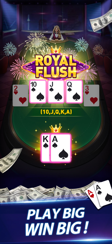 Texas Cash - Win Real Money - A winning royal flush hand in the Texas Cash poker app with cash prizes