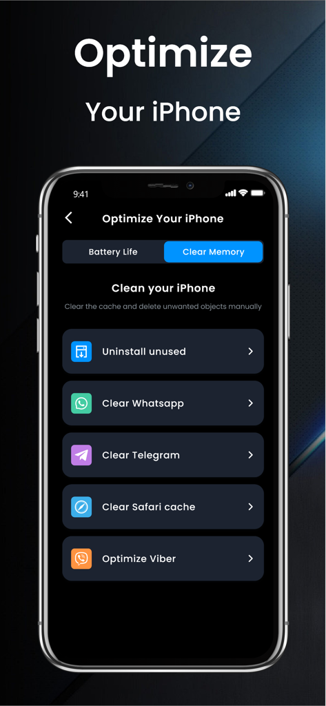 Easy Cleaner app interface showing options to clear memory and optimize iPhone storage by cleaning app caches