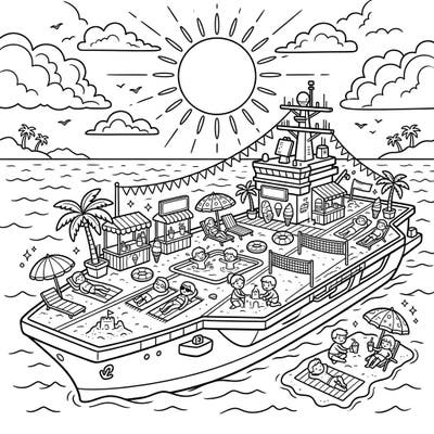 Get ready for an unforgettable summer adventure with this incredible aircraft carrier coloring page! Imagine transforming this majestic vessel into the ultimate beach party, complete with sun-soaked decks and joyful activities.