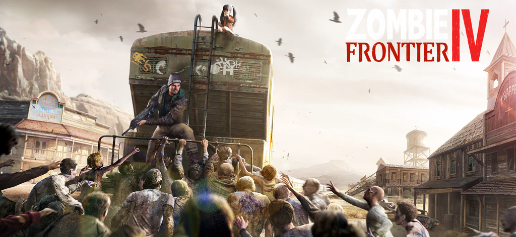 Survivor defending a girl from a zombie horde in a post-apocalyptic desert town.