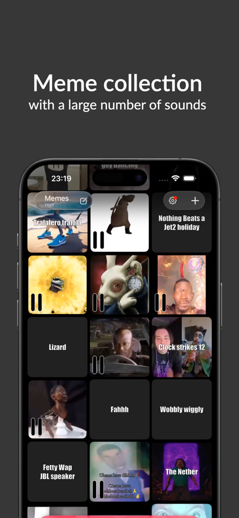 Interfaz de la aplicación Meme Soundboard mostrando una diversa colección de sonidos y videos de memes virales en formato de cuadrícula.