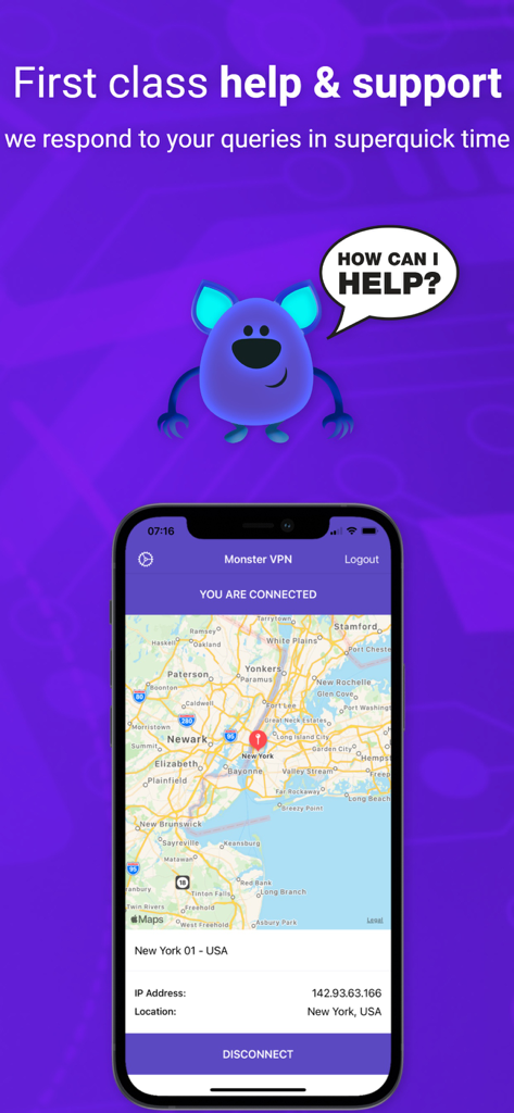 Monster VPN app interface showing a secure connection to a New York server and a customer support mascot