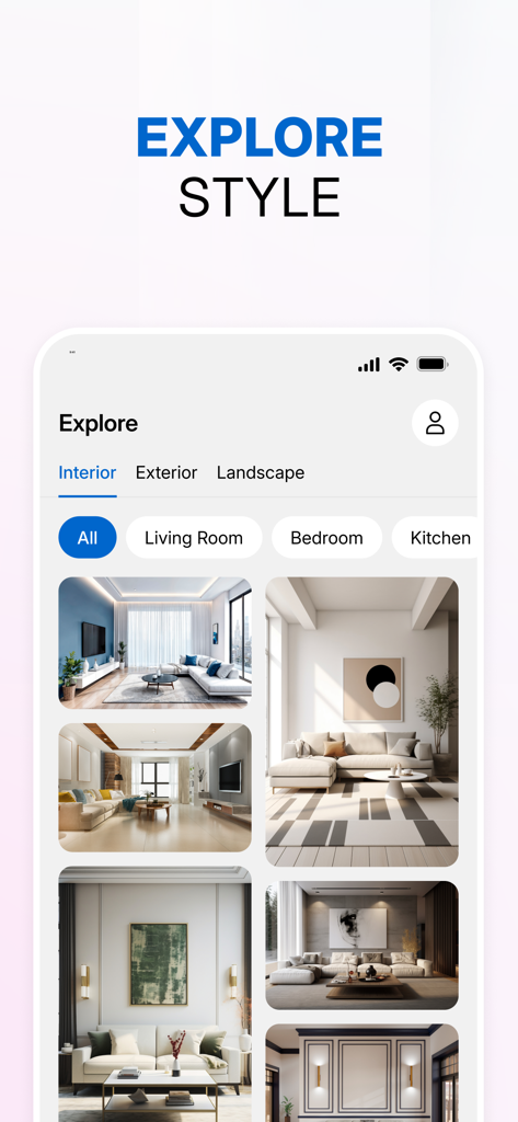 Hano Home – AI Interior Design - Hano Home app explore screen showing AI interior design styles for living rooms