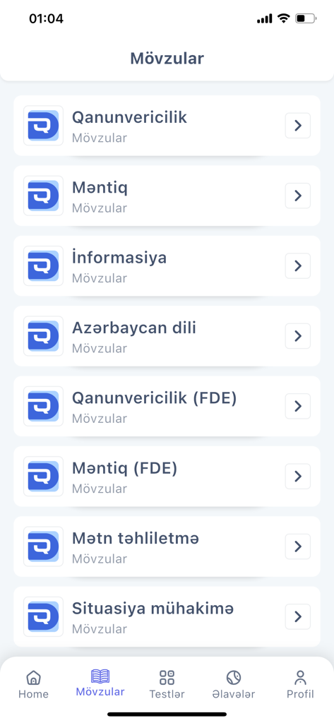 Dovlet Qullugu - Main screen of Dovlet Qullugu app showing study categories for the Azerbaijani Civil Service examination including Legislation and Logic