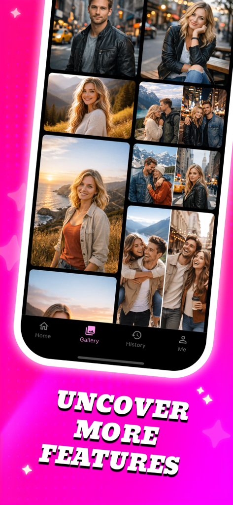 Bevo - - Interfaz de la galería de la aplicación Bevo mostrando varias fotos de estilo de vida y retratos