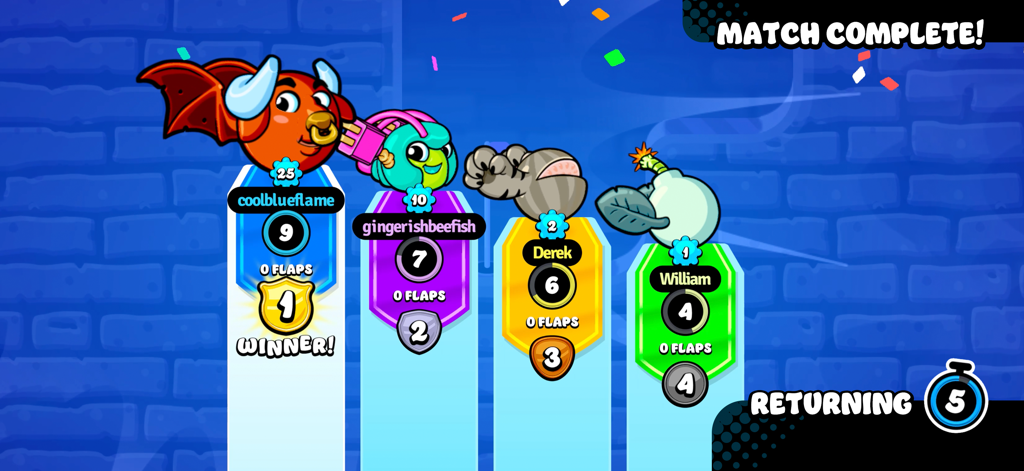 Match complete screen in Super Flappy Golf showing four players on a winner podium with their custom birdies.
