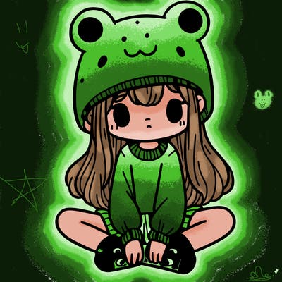 a girl wearing a frog hat and some frog socks