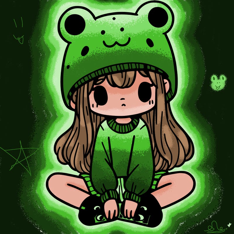 a girl wearing a frog hat and some frog socks