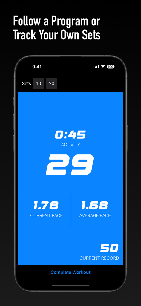 Pushup Tracker: Club Pushanova - 모바일 앱 화면이 푸쉬업 운동을 추적하고 있으며 반복 횟수와 속도 지표를 보여줍니다