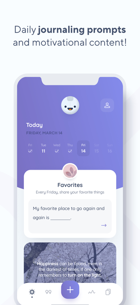 毎日のジャーナリングプロンプトとモチベーショナルな引用カードが表示されているReflectlyアプリのダッシュボード