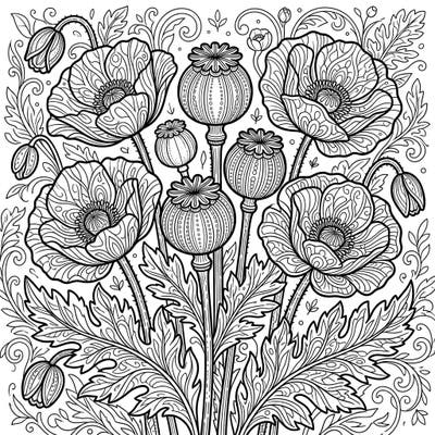 Immerse yourself in the delicate beauty of opium poppies with this intricate adult coloring page. Featuring detailed blooms and seed pods, it's perfect for a mindful coloring experience.
