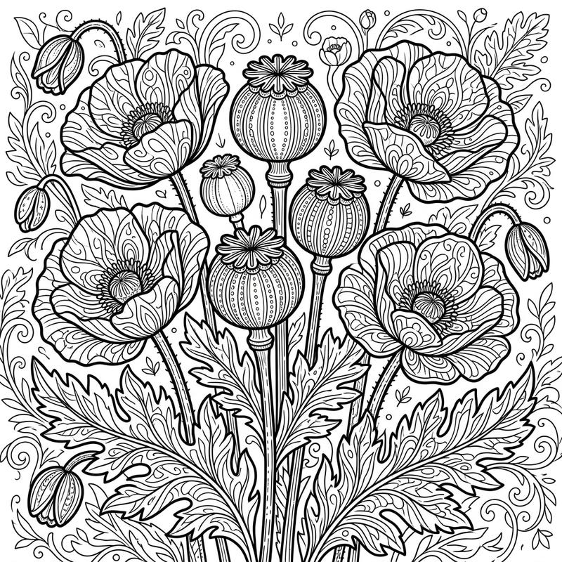 Immerse yourself in the delicate beauty of opium poppies with this intricate adult coloring page. Featuring detailed blooms and seed pods, it's perfect for a mindful coloring experience.