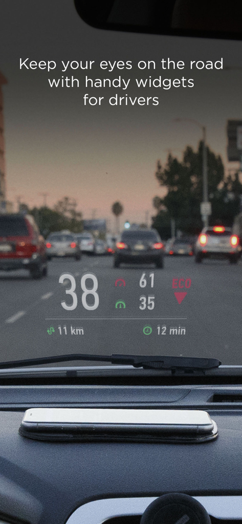 HUD Widgets - Reflejo de smartphone en el parabrisas de un coche que muestra un velocímetro digital y métricas de conducción para una conducción segura